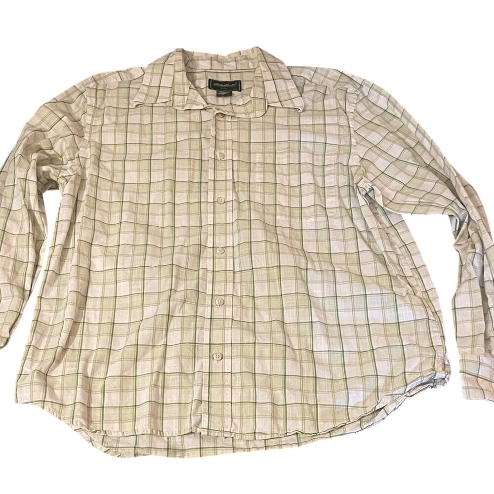Eddie Bauer Mens Large Green Plaid‎ 100% Cotton Long Sleeve Button Down Shirt
